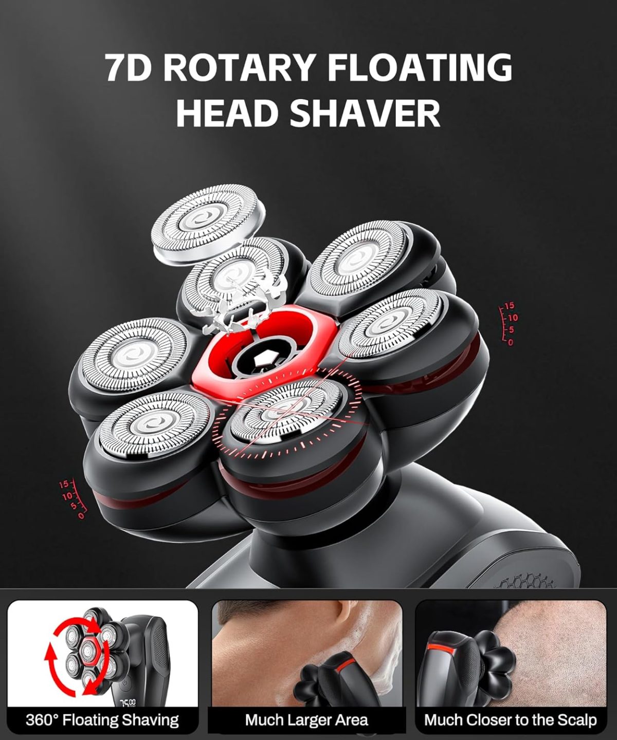 ⁦NEICIT Head Shavers for Bald Men - Magnetic 7D Electric Razor IPX8 Waterproof for Bald Men, Wet/Dry LED Display Rechargeable Rotary Shaver 5-in-1 Grooming Kit with USB-C Charge⁩ - الصورة ⁦3⁩