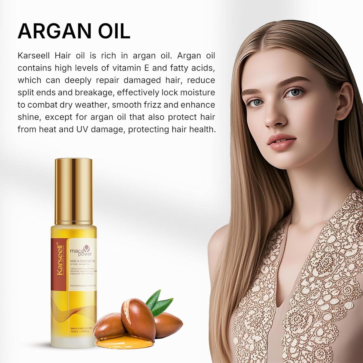 ⁦Karseell Moroccan Argan Oil for Hair Healing Cold Pressed Weightless Argan Oil Hair Serum for Dry Damaged Hair 50ml⁩ - الصورة ⁦4⁩