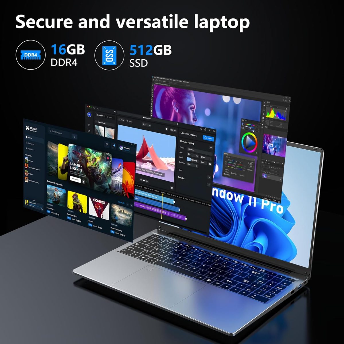 ⁦FUNYET Gaming Laptop | 16 Inch FHD Display (1920 x 1200) | 12th N100 Laptop Computer | 16GB RAM 512GB SSD | Supports 180 Angle Opening | Bluetooth | Backlit Keyboard | Windows 11 Pro.⁩ - الصورة ⁦4⁩