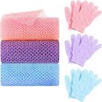 WSICSE 6 Pack African Net Sponge Exfoliating Glove Set, 3 Bath Sponge Body Scrubber Back Scrubber and 3 Pairs Exfoliating Gloves for Skin Smoother