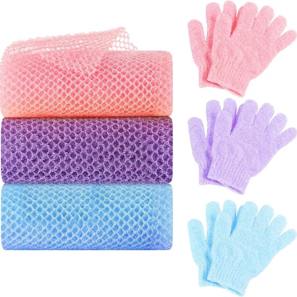 WSICSE 6 Pack African Net Sponge Exfoliating Glove Set, 3 Bath Sponge Body Scrubber Back Scrubber and 3 Pairs Exfoliating Gloves for Skin Smoother