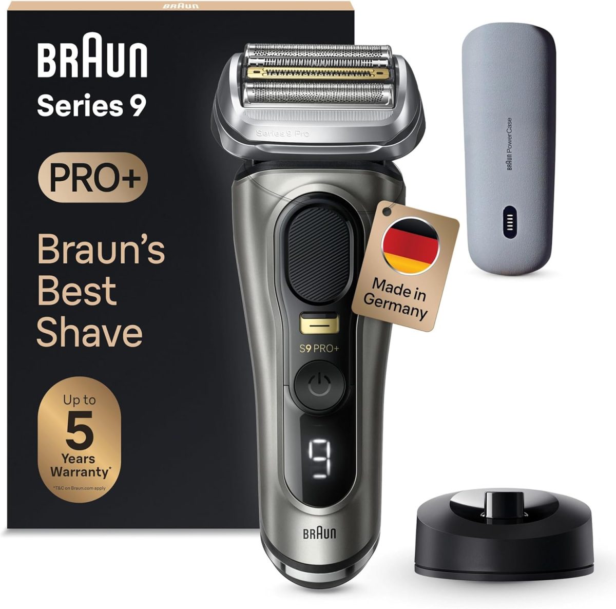 Braun Series 9 Pro+ Men's Electric Shaver with 5 Pro Razor Elements, Long Hair Trimmer, Razor Charging Case, PowerCase, 60 Minutes Running Time, Made in Germany, 9525s, Precious Metal