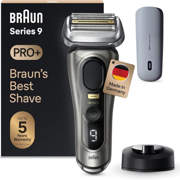 Braun Series 9 Pro+ Men's Electric Shaver with 5 Pro Razor Elements, Long Hair Trimmer, Razor Charging Case, PowerCase, 60 Minutes Running Time, Made in Germany, 9525s, Precious Metal