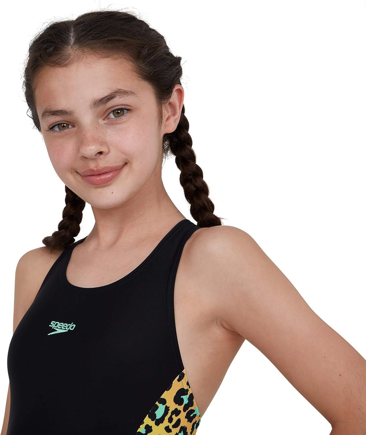 ⁦Speedo JungleGlare Allover Panel Leaderback Girls Legsuit, Black/Green Glow, 9-10 Years⁩ - الصورة ⁦5⁩
