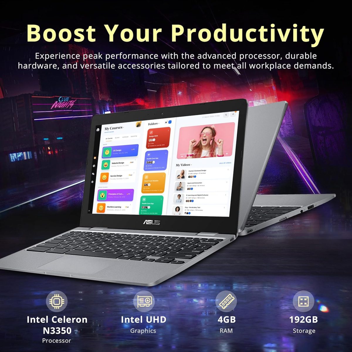 ⁦ASUS Chromebook 11.6" HD Student Laptop, Intel Celeron N3350, 4GB RAM, 192GB Storage (32GB eMMC+160GB Docking Station), Intel UHD Graphics, HD Camera, Stereo Speakers, Chrome OS, Gray⁩ - الصورة ⁦3⁩