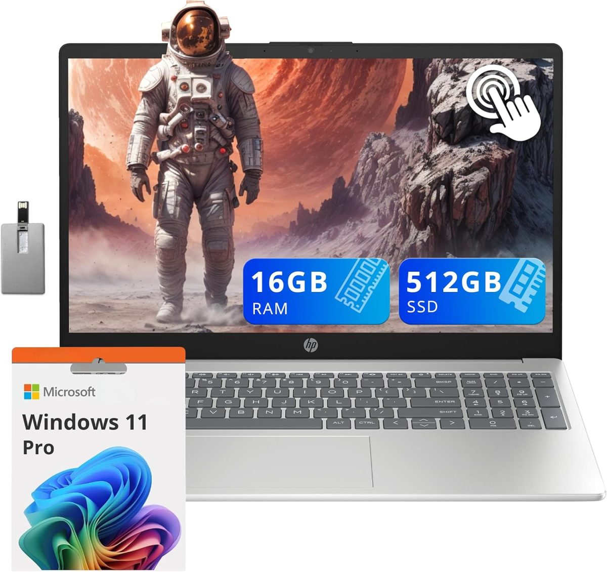 HP 15.6" HD Touchscreen Business Laptop, Intel i3-1215U, 16GB DDR4 RAM, 512GB PCIe SSD, Intel UHD Graphics, Numeric Keypad, 720p HD Camera, Windows 11 Pro, Silver, 32GB Hotface USB Card
