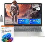 HP 15.6" HD Touchscreen Business Laptop, Intel i3-1215U, 16GB DDR4 RAM, 512GB PCIe SSD, Intel UHD Graphics, Numeric Keypad, 720p HD Camera, Windows 11 Pro, Silver, 32GB Hotface USB Card