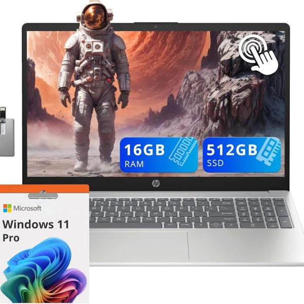 HP 15.6" HD Touchscreen Business Laptop, Intel i3-1215U, 16GB DDR4 RAM, 512GB PCIe SSD, Intel UHD Graphics, Numeric Keypad, 720p HD Camera, Windows 11 Pro, Silver, 32GB Hotface USB Card