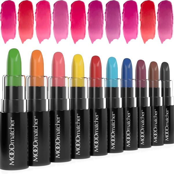MOOD MATCHER Fran Wilson Lipstick, 10PC Collection of the Original Color-Change Lipstick - Maskproof, 12 HOUR Long Wear, Enriched with Aloe & Vitamin E for Ultra-Hydration, Waterproof, 0.12 oz.each