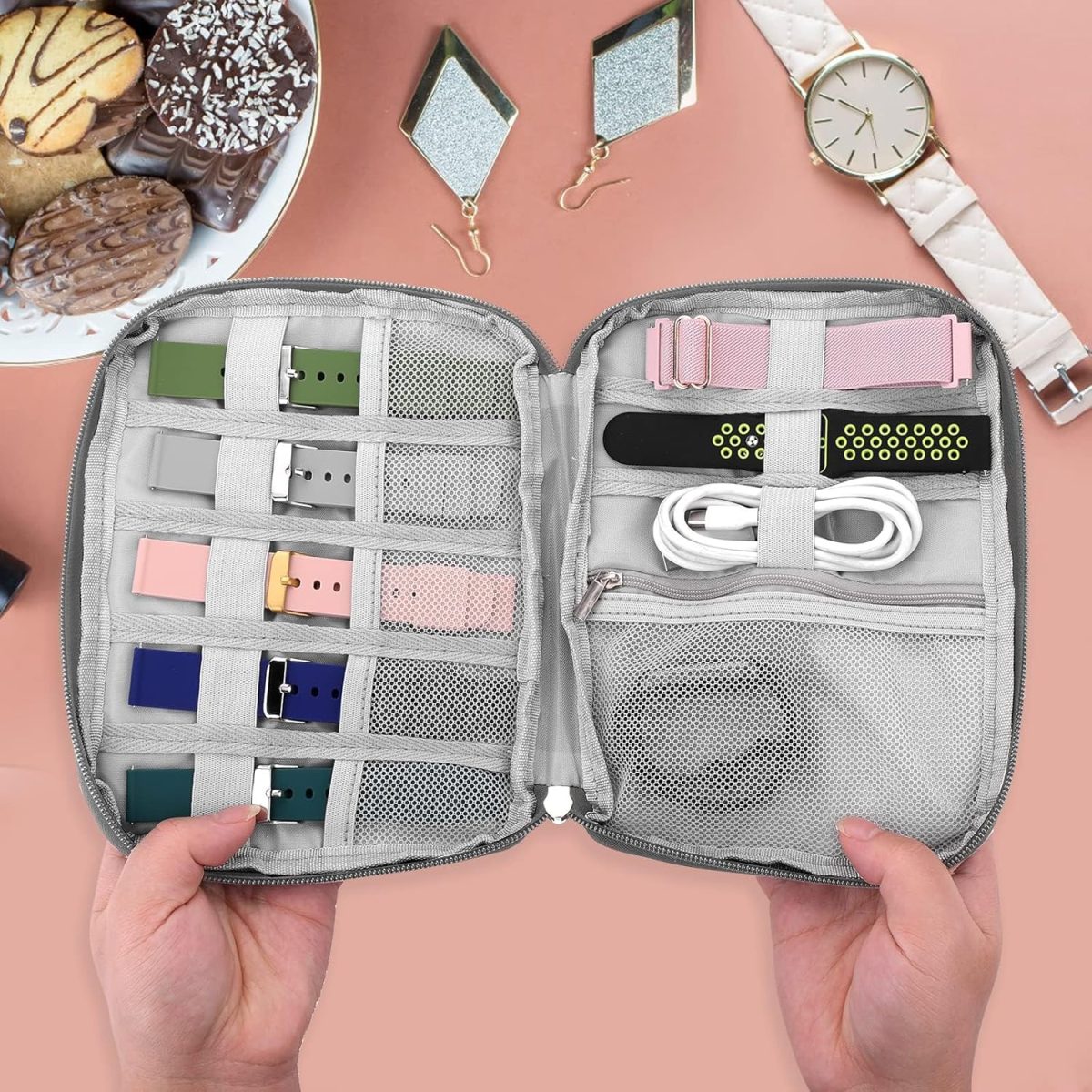 ⁦NALACAL Watch Band Storage Organizer Bag - Waterproof Case for Smart Watch Straps and Accessories, Compatible with All Watch Bands, Portable Carrying Case (Grey)⁩ - الصورة ⁦4⁩