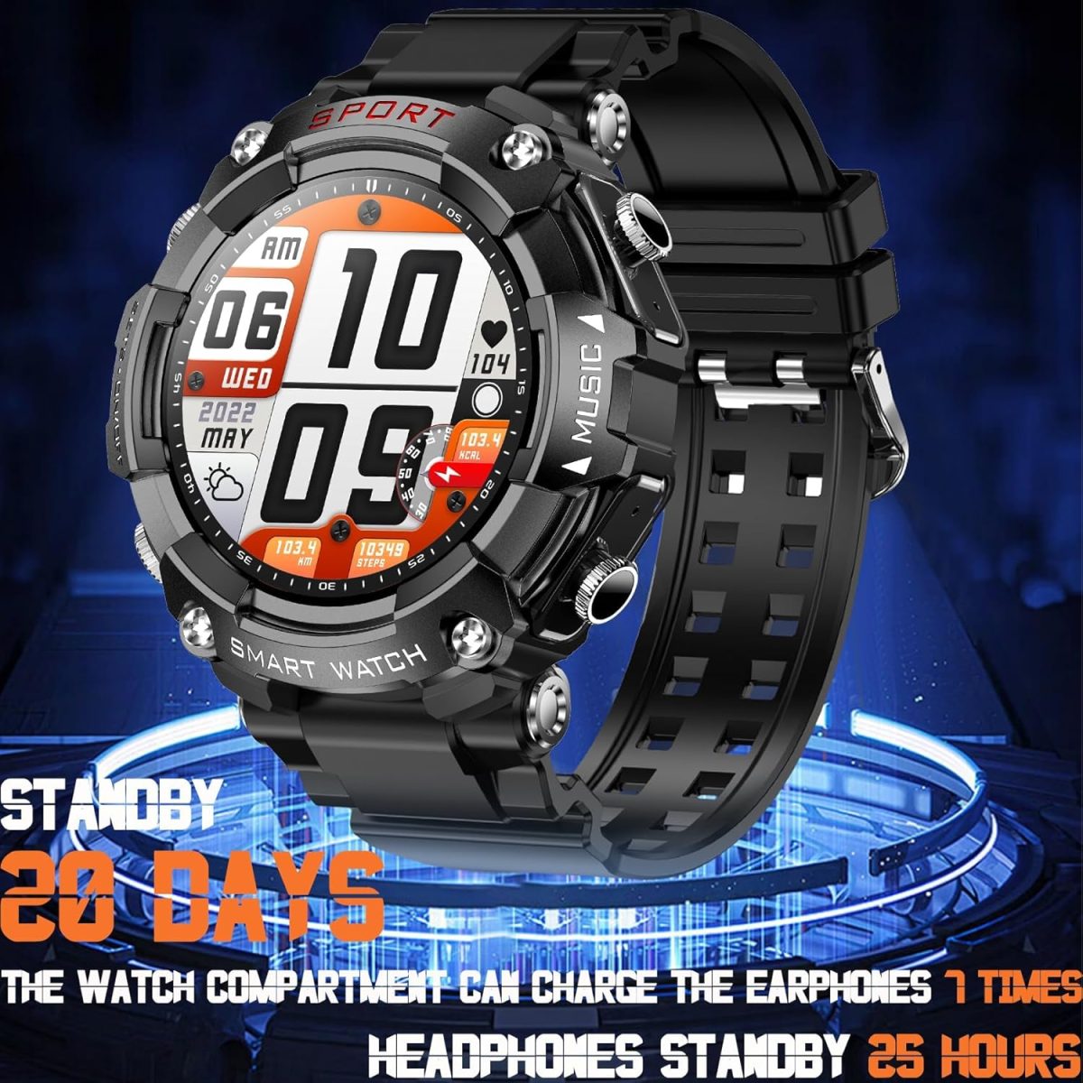 ⁦KASTWAVE Smart Watch with Earbuds, 1.52-inch AMDLED Touch Screen, 8763EW Chip, Smartwatch for Answer/Make Call, Bluetooth Message Notification, Sleep Monitor Sports Smart Watch⁩ - الصورة ⁦2⁩