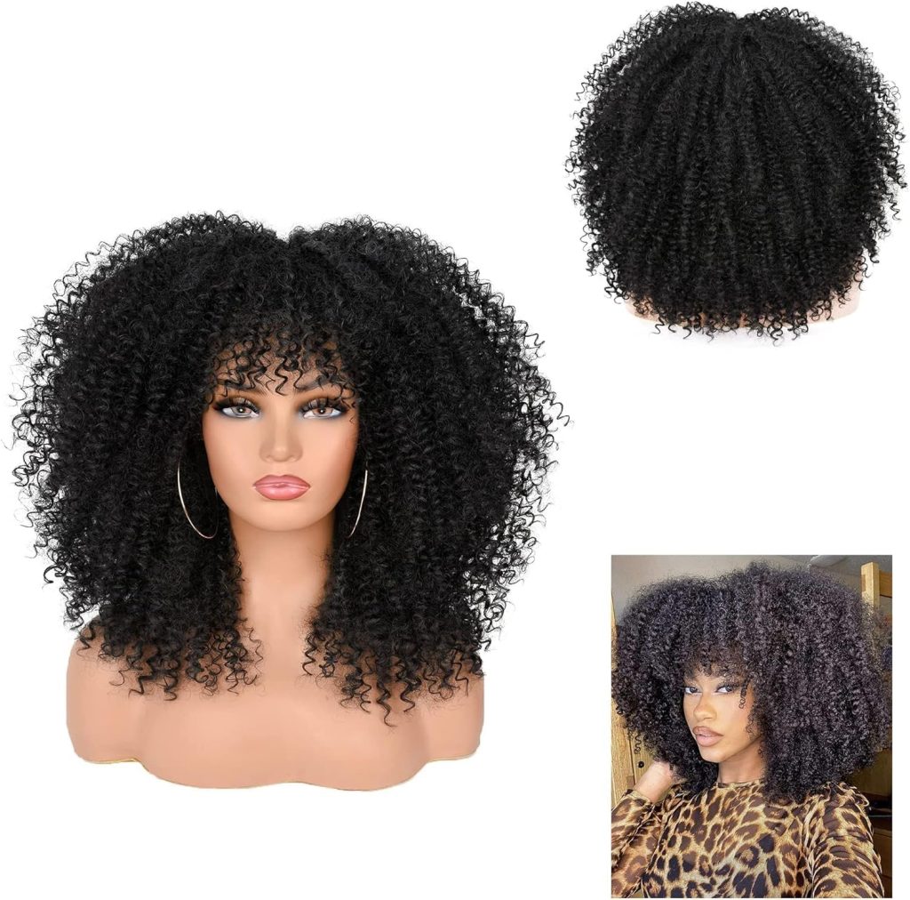 X spring Short Curly Afro Wigs, 14 Inch Synthetic Hair Wig with Bangs, Natural Looking Afro Wig for Daily Wear and Cosplay, Heat Resistant Curly Full Wig for Black Women