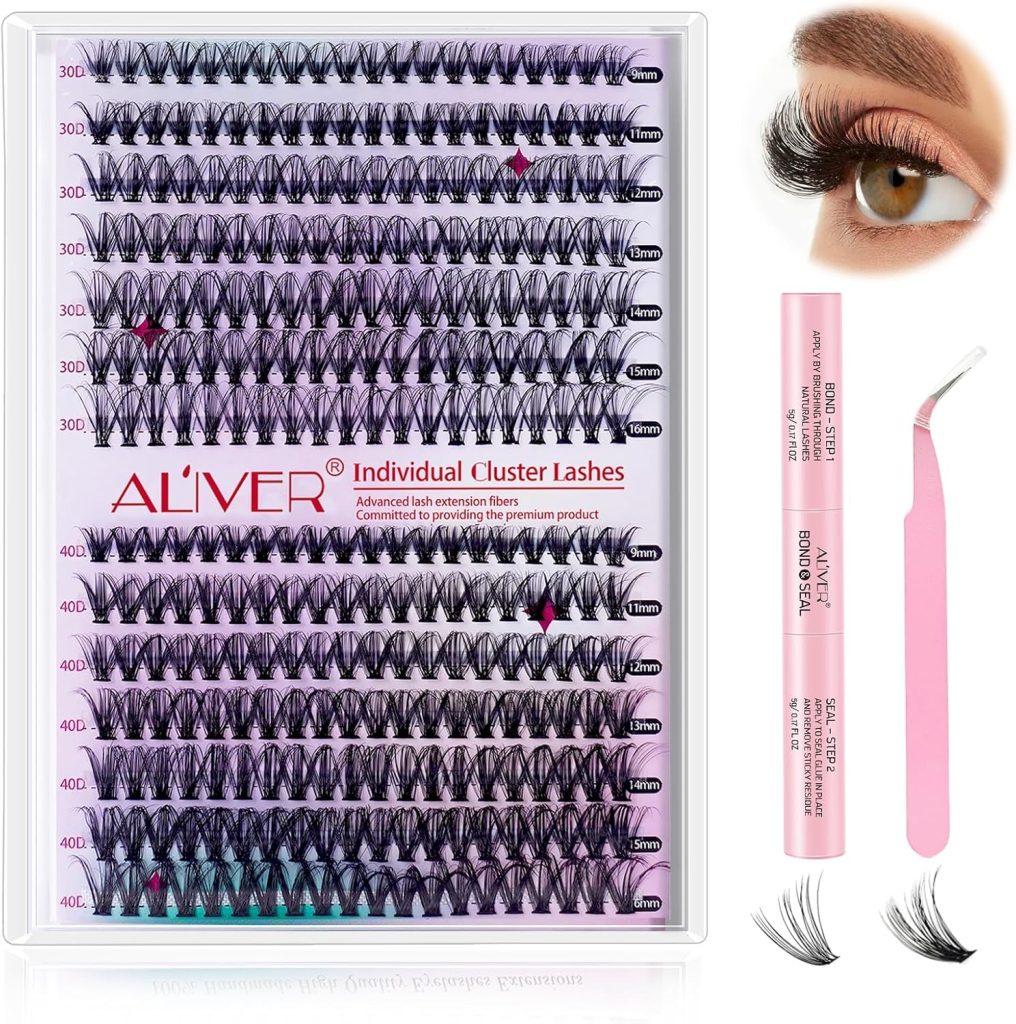 DIY Eyelash Extension Kit 280pcs Individual Lashes Cluster D Curl, 9-16mm Mix Lash Clusters with Lash Bond and Seal and Lash Applicator Tool for Self Application at Home (30D+40D-0.07D-9-16MIX KIT)