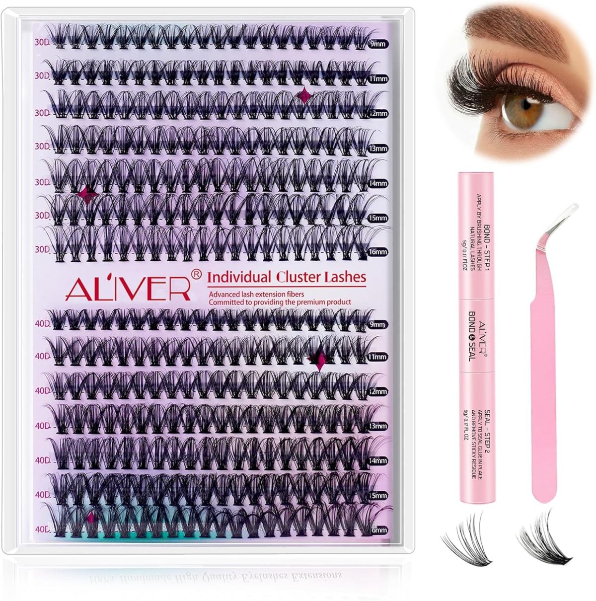 DIY Eyelash Extension Kit 280pcs Individual Lashes Cluster D Curl, 9-16mm Mix Lash Clusters with Lash Bond and Seal and Lash Applicator Tool for Self Application at Home (30D+40D-0.07D-9-16MIX KIT)