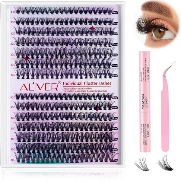 DIY Eyelash Extension Kit 280pcs Individual Lashes Cluster D Curl, 9-16mm Mix Lash Clusters with Lash Bond and Seal and Lash Applicator Tool for Self Application at Home (30D+40D-0.07D-9-16MIX KIT)