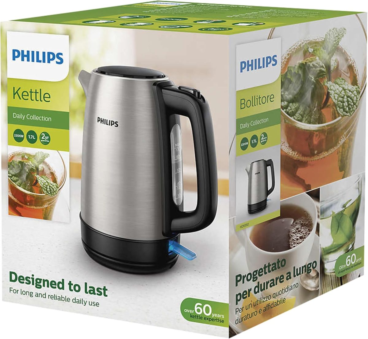 ⁦Philips 2200W Daily Collection Metal Kettle Silver And Black Hd9350/92 Stainless Steel And Black⁩ - الصورة ⁦5⁩