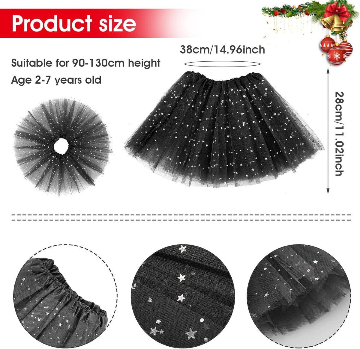 ⁦WLLHYF Girl Tutu Skirts,3Layers Tulle Sequin Star Ballet Dance Tutu Skirt Princess Christmas Skirt for Girl Toddler 2-8 Years⁩ - الصورة ⁦2⁩