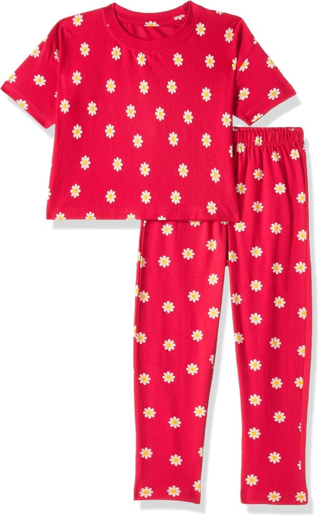 T2F Girls Cotton Printed Oversized Fit Crop Top and Pant Pajama Set