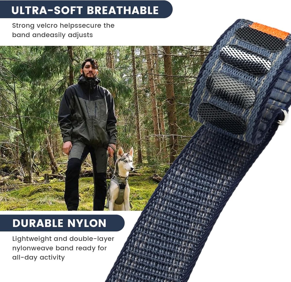 ⁦Zoye Trail Loop Nylon Band Compatible with Apple Watch Ultra 2/Ultra, Series 10-3, SE2/SE, 49mm-42mm, Men Women, Dark Blue, 49mm, Sports, Eco-Friendly, Hook And Loop⁩ - الصورة ⁦3⁩