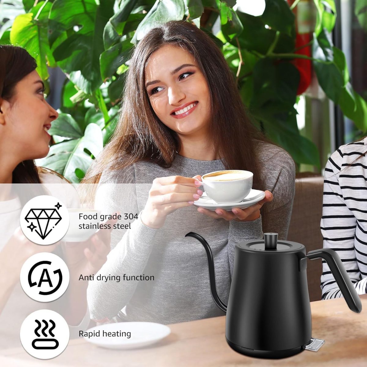 ⁦SKY-TOUCH 1000W Electric Kettle : 4 Min Quick Heating Electric Gooseneck Kettles with Auto Shut Off Anti-dry Protection 304 Stainless Steel Inner & Lid for Pour-over Coffee & Tea Matt (800ml Black)⁩ - الصورة ⁦5⁩