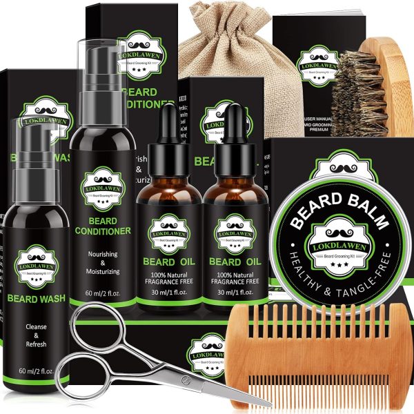LOKDLAWEN Beard Kit for Men: Beard Wash, Conditioner, Oil, Balm, Brush, Comb, Scissors, Storage Bag, Gifts for Men, Dad, Husband, Boyfriend