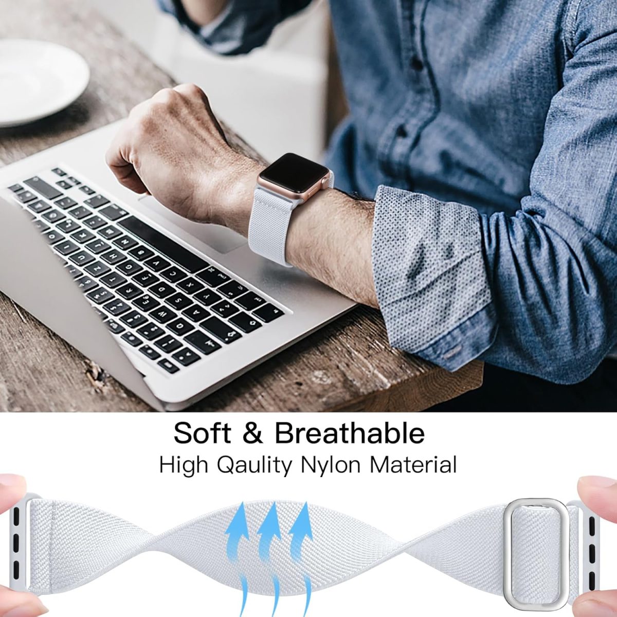 ⁦Lerobo Braided Band Compatible with Apple Watch Series 9 8 7 45mm 41mm Ultra 2 Band 49mm Series 6 5 4 SE 44mm 40mm Series 3 2 1 38mm 42mm Men iWatch Bands Womens Stretchy Nylon Solo Loop Sport Strap⁩ - الصورة ⁦4⁩
