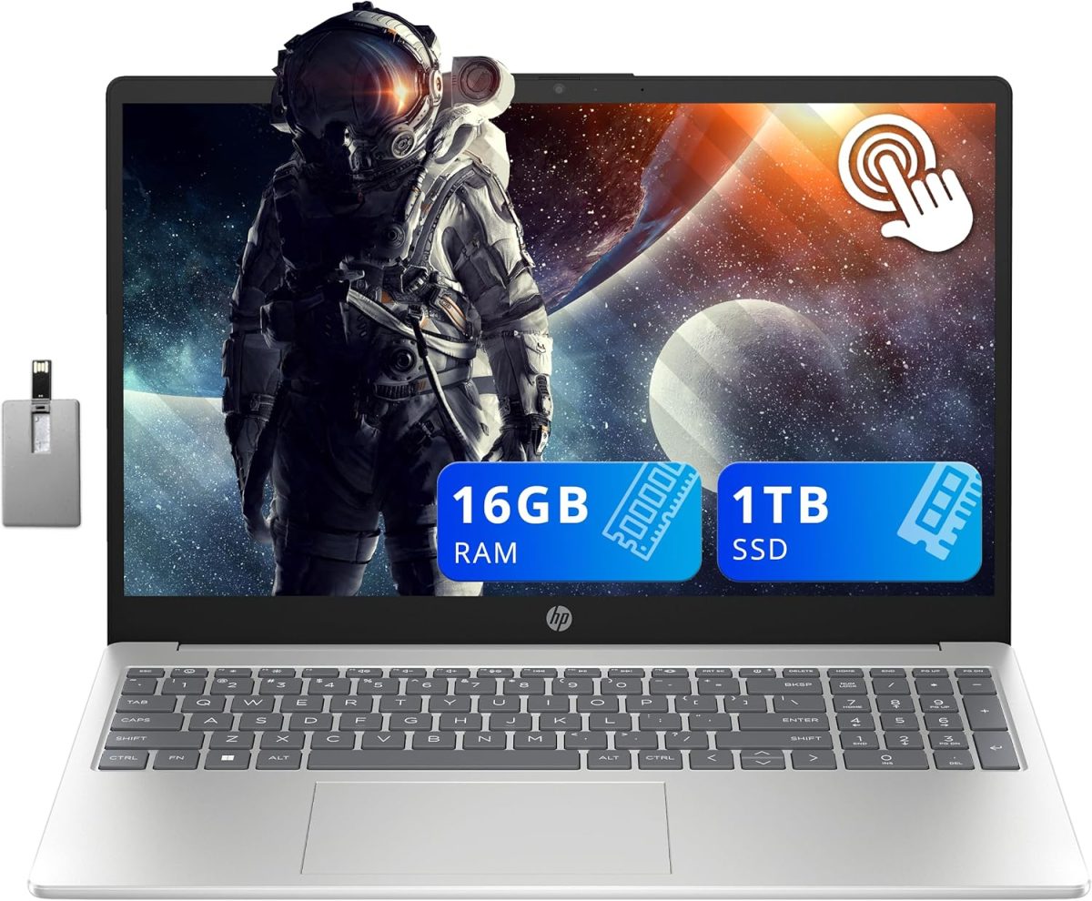 HP 15.6" HD Touchscreen Laptop, Intel i3-1215U, 16GB RAM, 1TGB PCIe SSD, Number Pad, HD Webcam, Fast Charge, Intel UHD Graphics, Win 11, Silver, 128GB Hotface USB Card