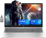 HP 15.6" HD Touchscreen Laptop, Intel i3-1215U, 16GB RAM, 1TGB PCIe SSD, Number Pad, HD Webcam, Fast Charge, Intel UHD Graphics, Win 11, Silver, 128GB Hotface USB Card