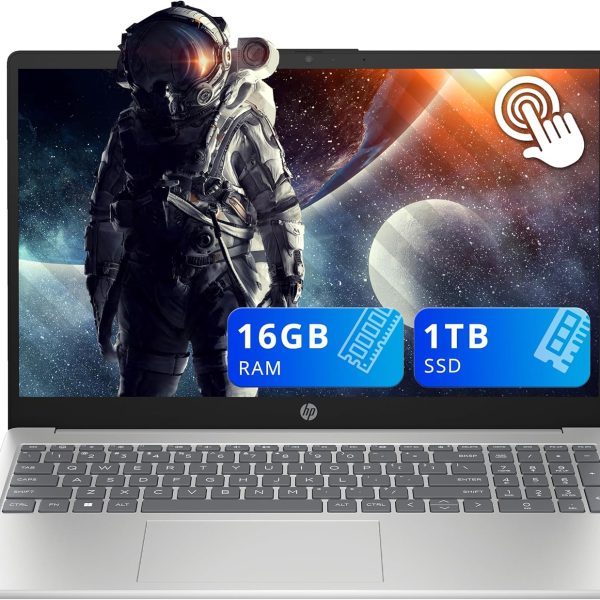 HP 15.6" HD Touchscreen Laptop, Intel i3-1215U, 16GB RAM, 1TGB PCIe SSD, Number Pad, HD Webcam, Fast Charge, Intel UHD Graphics, Win 11, Silver, 128GB Hotface USB Card