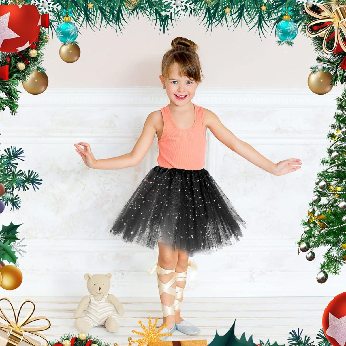 ⁦WLLHYF Girl Tutu Skirts,3Layers Tulle Sequin Star Ballet Dance Tutu Skirt Princess Christmas Skirt for Girl Toddler 2-8 Years⁩ - الصورة ⁦6⁩