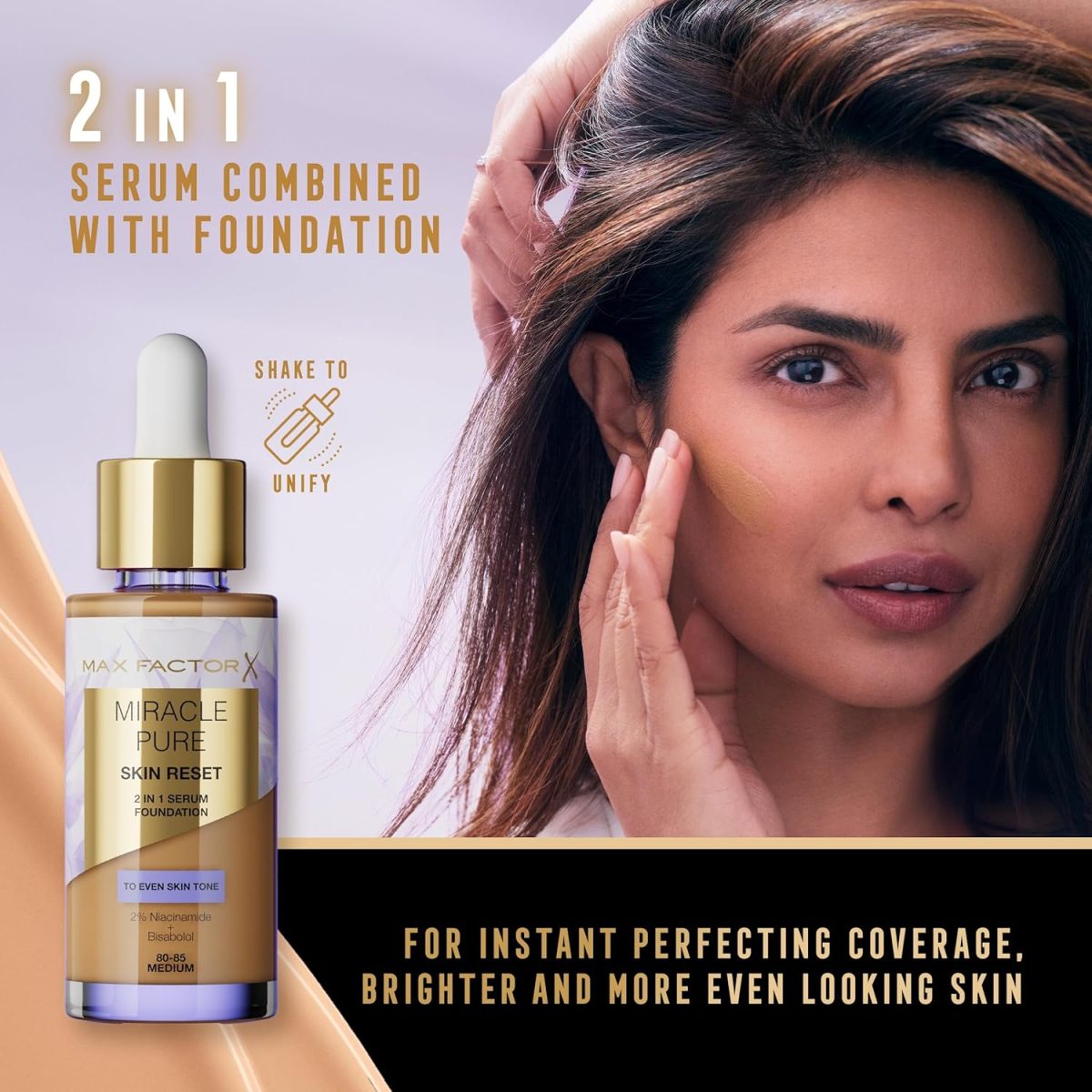 ⁦Max Factor Miracle Pure 2in1 Skin Reset Serum Foundation, 85-90, Medium to Deep, Vegan Formula, Evens Skin Tone, Medium Coverage, Satin Matte Finish, Niacinamide & Bisabolol, 30ml (1oz)⁩ - الصورة ⁦5⁩
