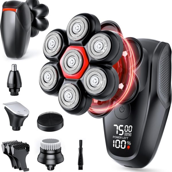 NEICIT Head Shavers for Bald Men - Magnetic 7D Electric Razor IPX8 Waterproof for Bald Men, Wet/Dry LED Display Rechargeable Rotary Shaver 5-in-1 Grooming Kit with USB-C Charge