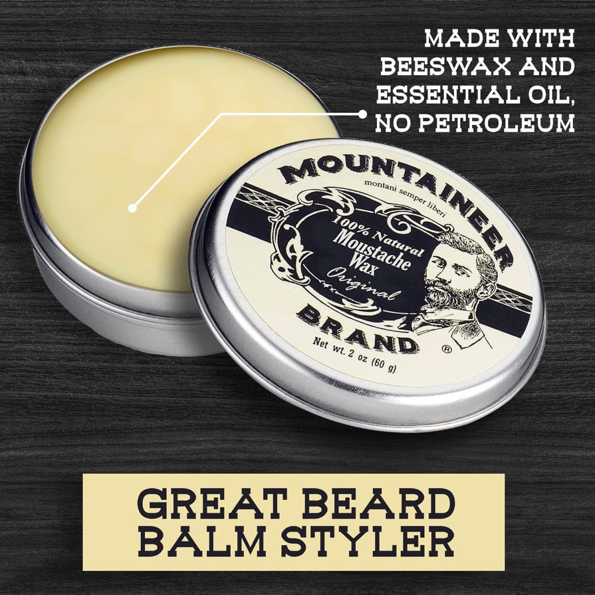 ⁦Mountaineer Brand Natural Mustache Wax | Original (Cedar Fir) Blend Scent | Made in West Virginia | Long Lasting Hold | Smooths, Conditons, Styles | Organic Moustache Balm | 2oz⁩ - الصورة ⁦5⁩