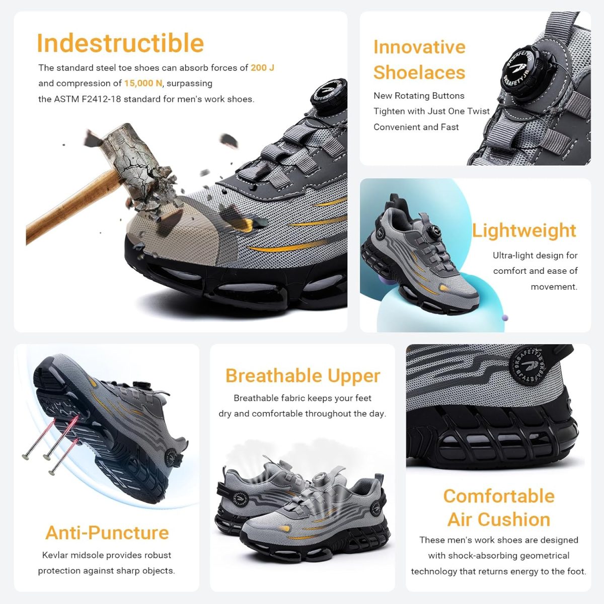 ⁦LIWEGHT Safety Shoes for Men Women,Non Slip Work Boots Rotating Button Shoelaces,Lightweight Comfortable Steel Toe Shoes⁩ - الصورة ⁦2⁩