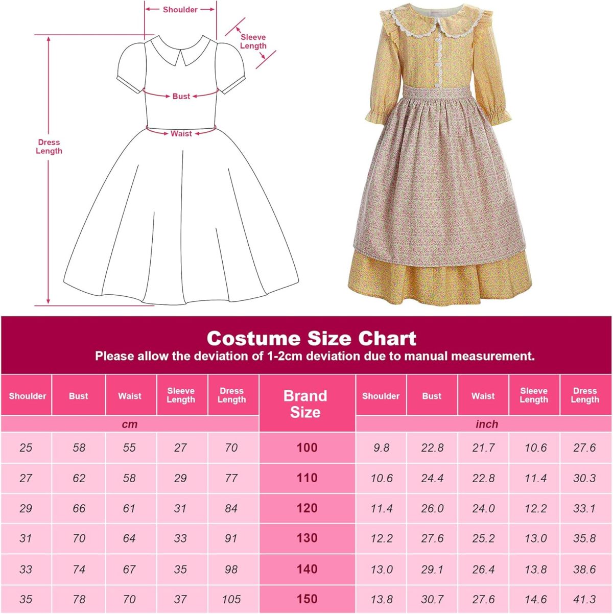 ⁦ReliBeauty Pioneer Girl Costume Colonial Prairie Dress Yellow⁩ - الصورة ⁦4⁩