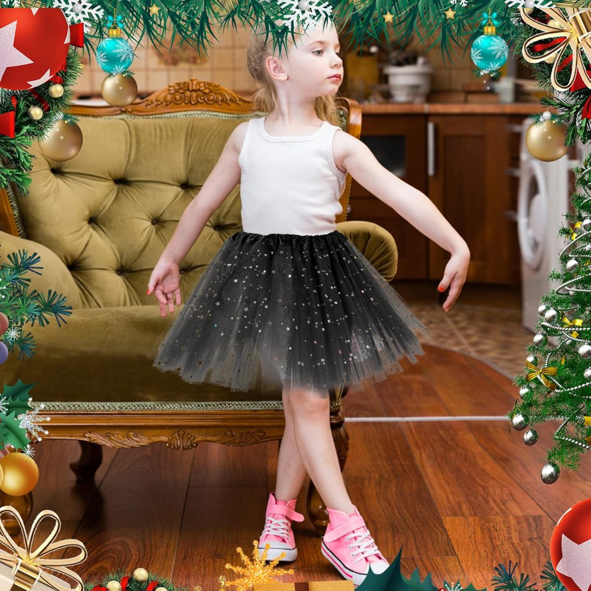 ⁦WLLHYF Girl Tutu Skirts,3Layers Tulle Sequin Star Ballet Dance Tutu Skirt Princess Christmas Skirt for Girl Toddler 2-8 Years⁩ - الصورة ⁦4⁩