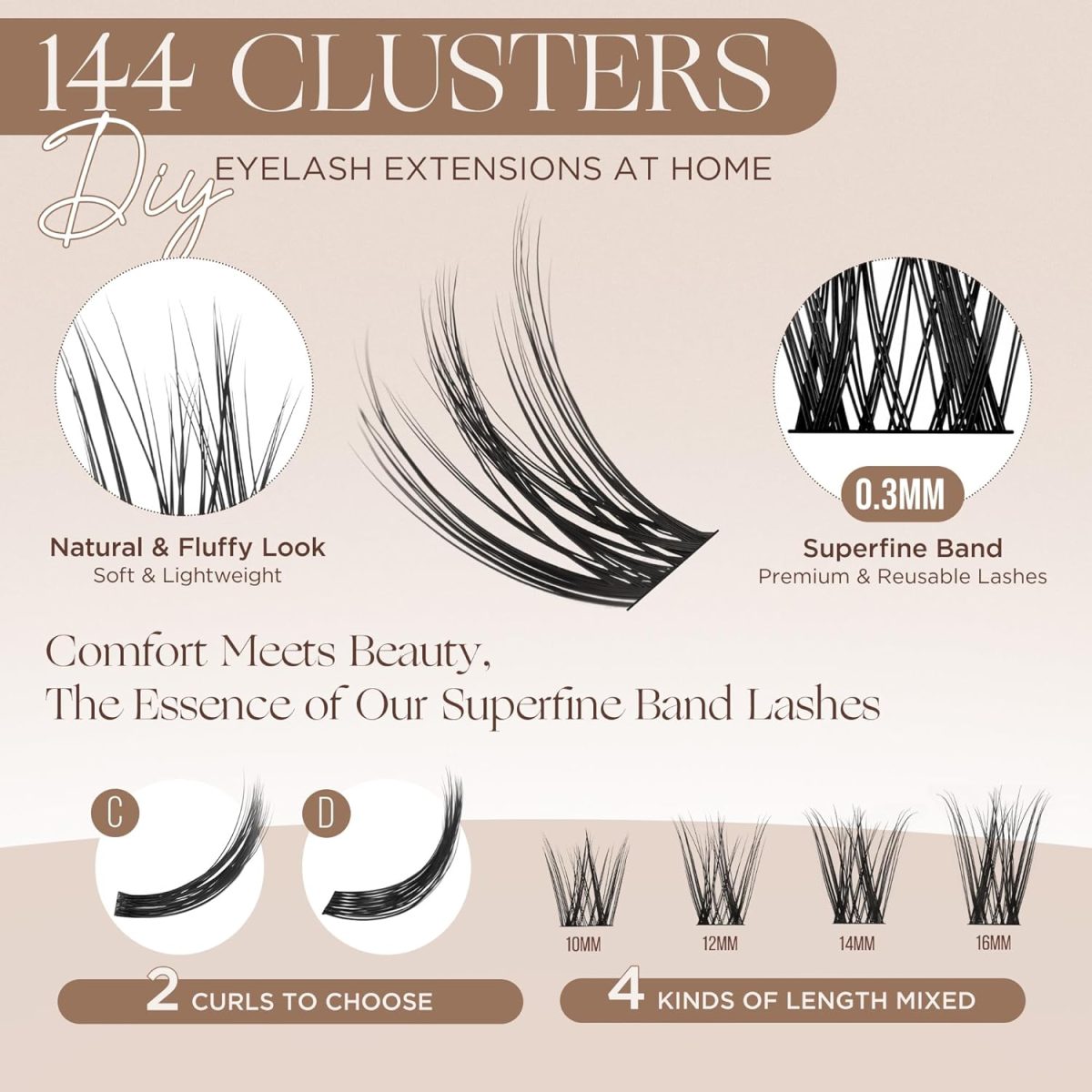 ⁦LASHVIEW DIY Cluster Eyelash Extensions 144 Pcs Reusable Individual Lashes Mega Volume Soft Black Synthetic Cluster Lashes⁩ - الصورة ⁦2⁩