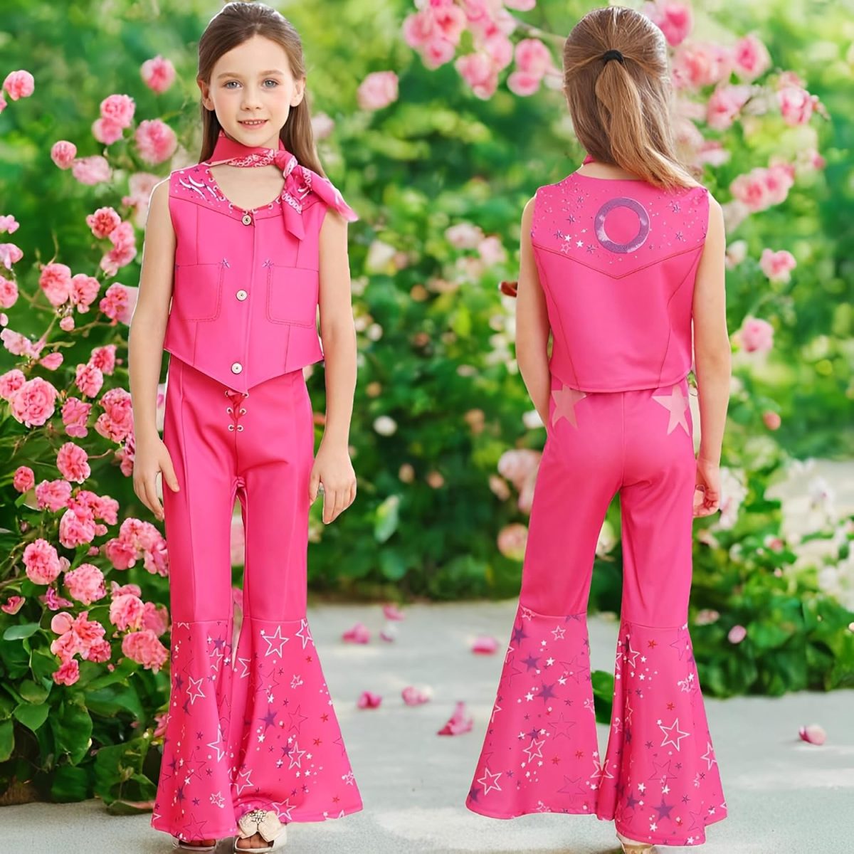 ⁦Goodern Girls Hot Pink Cowgirl Costume,Sleeveless Top Flare Pants Kids Cosplay Costume Set,Kids Disco Outfits Movie Dress up for Halloween Birthday Party Stage for Girls Aged 4-12⁩ - الصورة ⁦3⁩