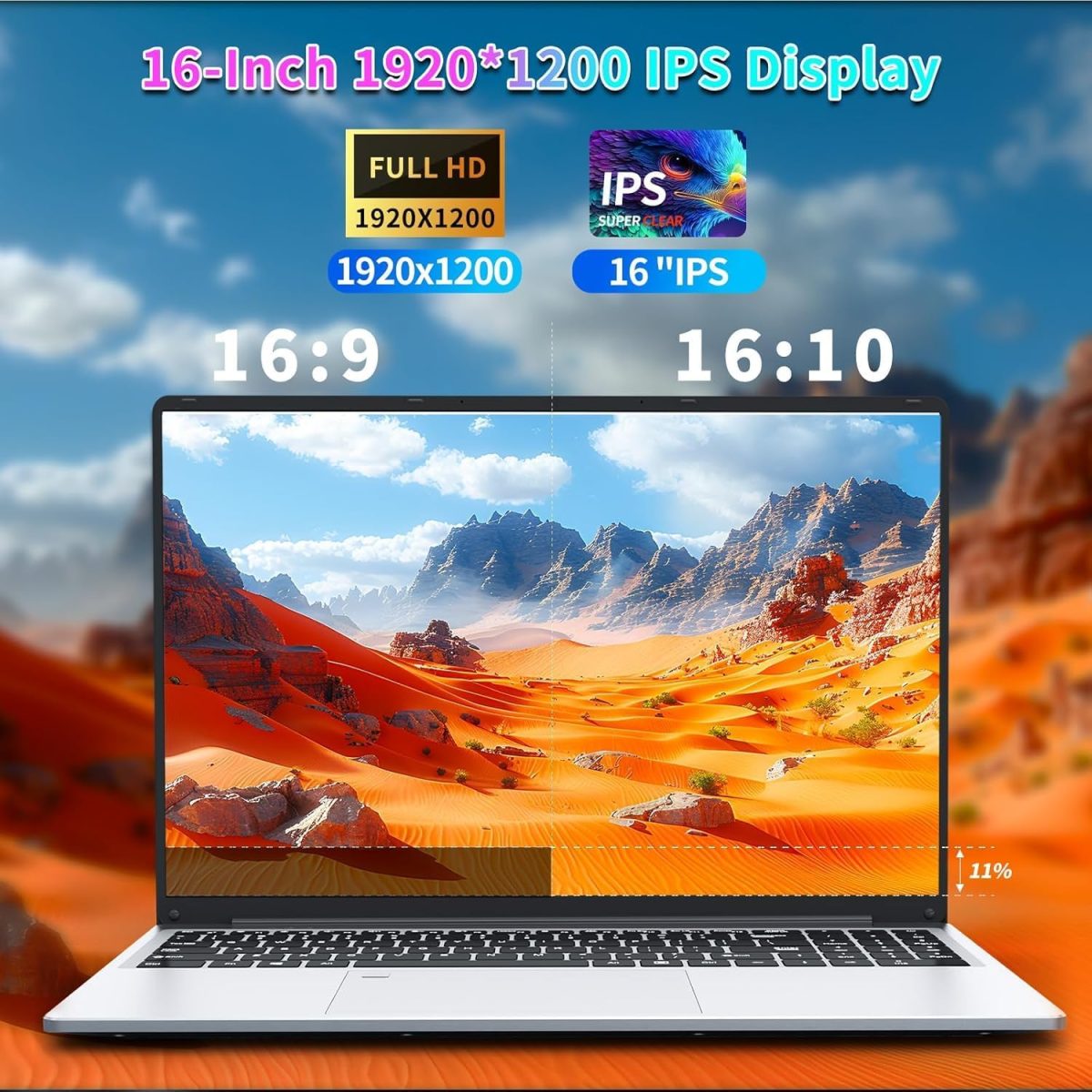 ⁦16 Inch Gaming Laptop, Laptops Celeron N100 (up to 3.4GHZ) Wind 11 Pro Laptop Gamer 16GB 1TB SSD,Traditional Laptops Full HD 1920x1200 Display, Fingerprint Unlocking Backlit Keyboard Netbook⁩ - الصورة ⁦2⁩