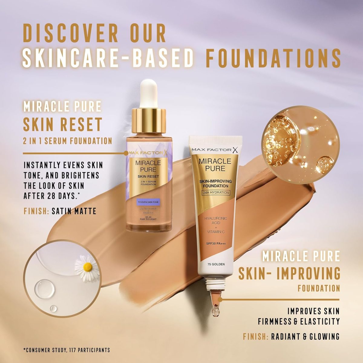 ⁦Max Factor Miracle Pure 2in1 Skin Reset Serum Foundation, 85-90, Medium to Deep, Vegan Formula, Evens Skin Tone, Medium Coverage, Satin Matte Finish, Niacinamide & Bisabolol, 30ml (1oz)⁩ - الصورة ⁦7⁩