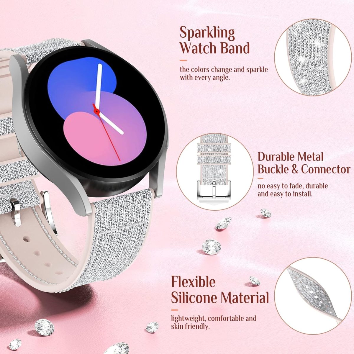 ⁦Goton Bling Silicone Band for Samsung Galaxy Watch 6 Band 40mm 44mm/Galaxy Watch 6 Classic Band 43mm 47mm/Galaxy Watch 5 & 4 Band 40mm 44mm, 20mm Women Glitter Wristband Accessories⁩ - الصورة ⁦3⁩
