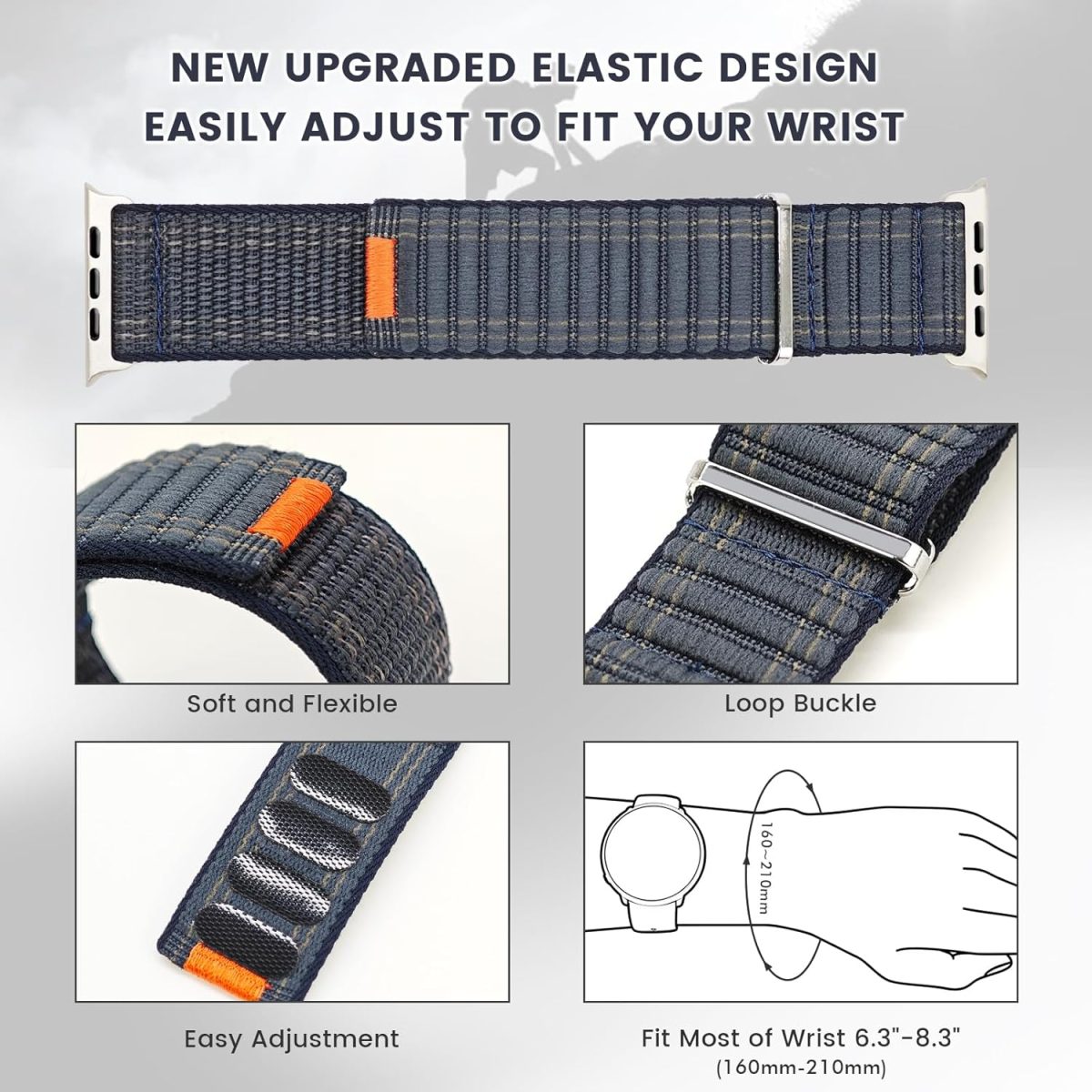 ⁦Zoye Trail Loop Nylon Band Compatible with Apple Watch Ultra 2/Ultra, Series 10-3, SE2/SE, 49mm-42mm, Men Women, Dark Blue, 49mm, Sports, Eco-Friendly, Hook And Loop⁩ - الصورة ⁦2⁩