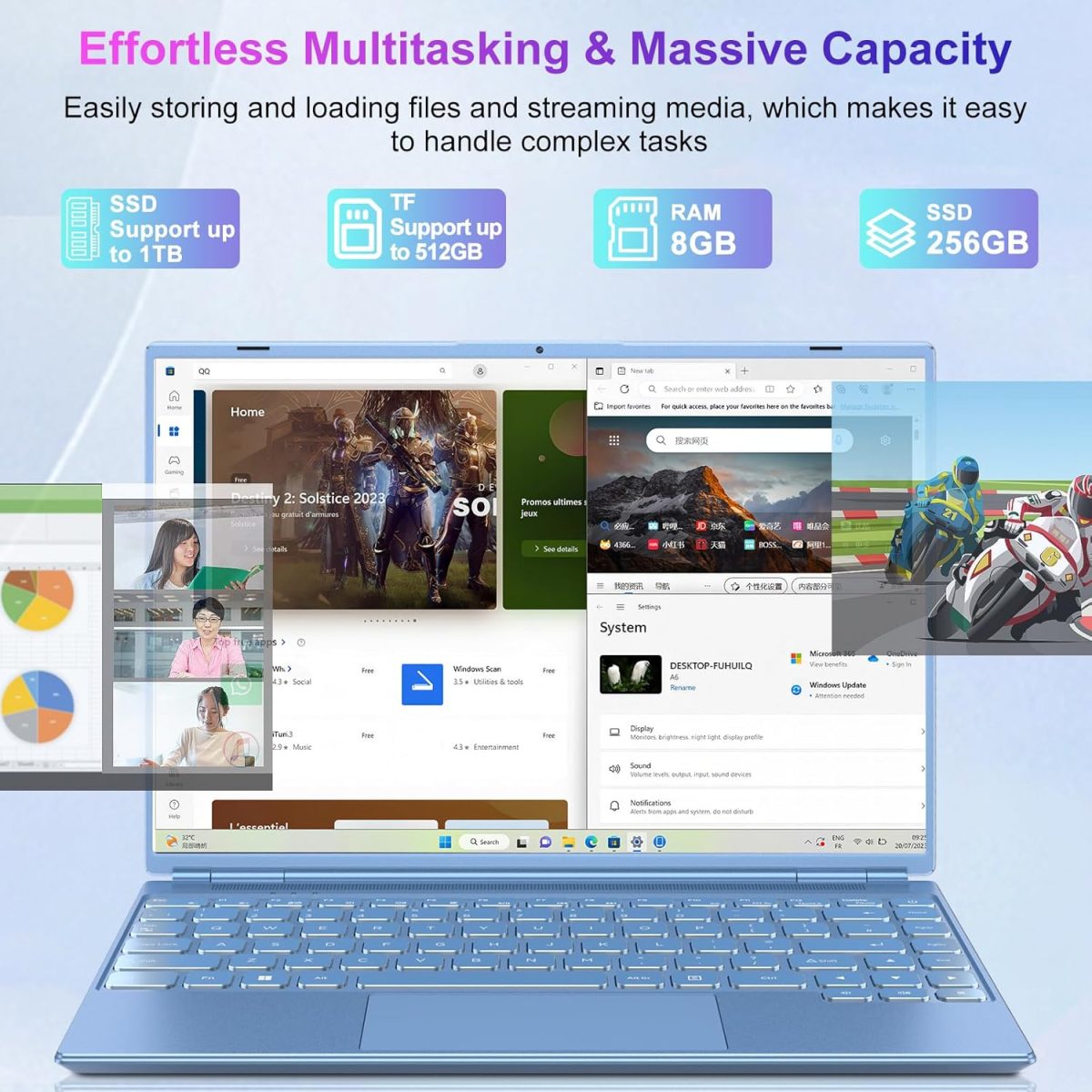 ⁦Laptop 14 Inch Celeron N5095 Up to 2.9Ghz, Win 11 Laptop with 8+256GB SSD Extension 1TB, Notebook Support 5G WiFi丨Bluetooth 4.2丨Cooling Fan丨1920*1200丨Mouse and Keyboard Protector-Blue⁩ - الصورة ⁦2⁩