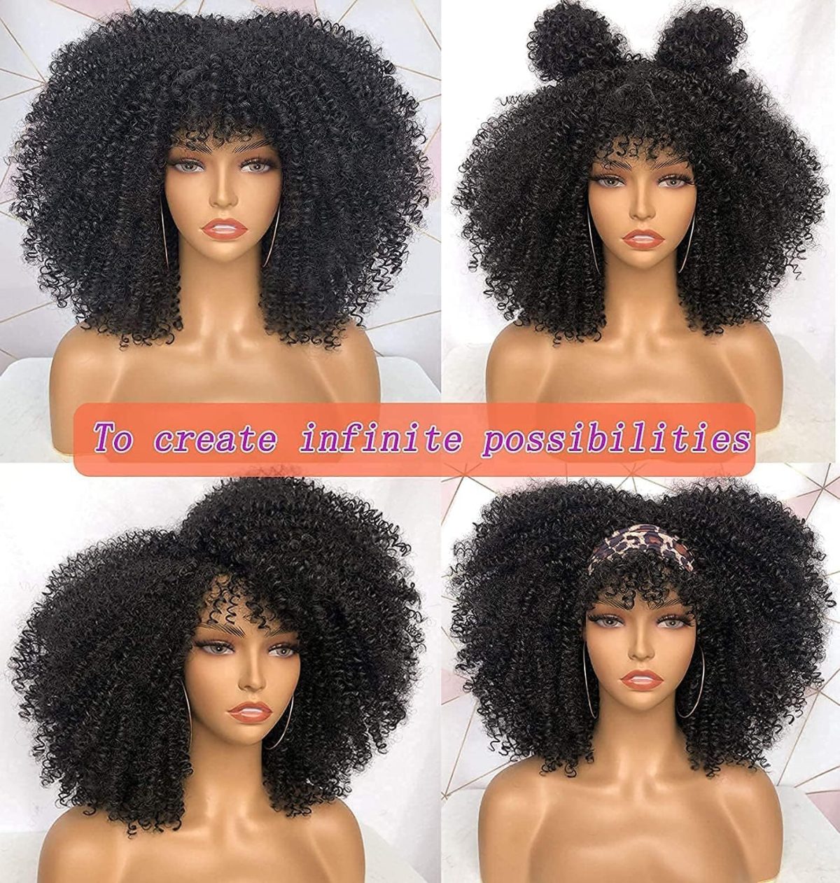 ⁦X spring Short Curly Afro Wigs, 14 Inch Synthetic Hair Wig with Bangs, Natural Looking Afro Wig for Daily Wear and Cosplay, Heat Resistant Curly Full Wig for Black Women⁩ - الصورة ⁦6⁩