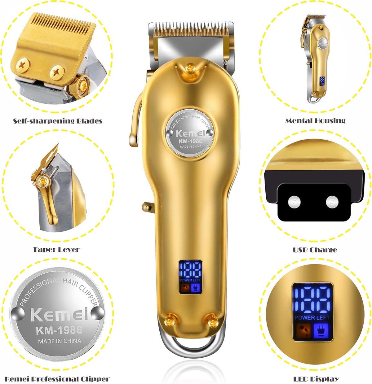 ⁦KEMEI Mens Hair Clippers for Hair Cutting Professional Cordless Hair Trimmer for Men LED Display⁩ - الصورة ⁦4⁩