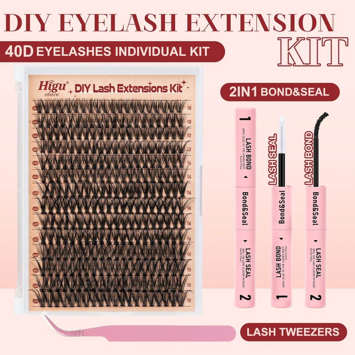 ⁦Individual-Eyelashes-Kit 280Pcs, Higu clace DIY Lash Extension Kit Mixed 10-18mm, 40D Natural Eyelashes Cluster Kit with Bond and Seal and Applicator, Lashes Clusters kit Easy to Use at Home (40D-V03)⁩ - الصورة ⁦2⁩