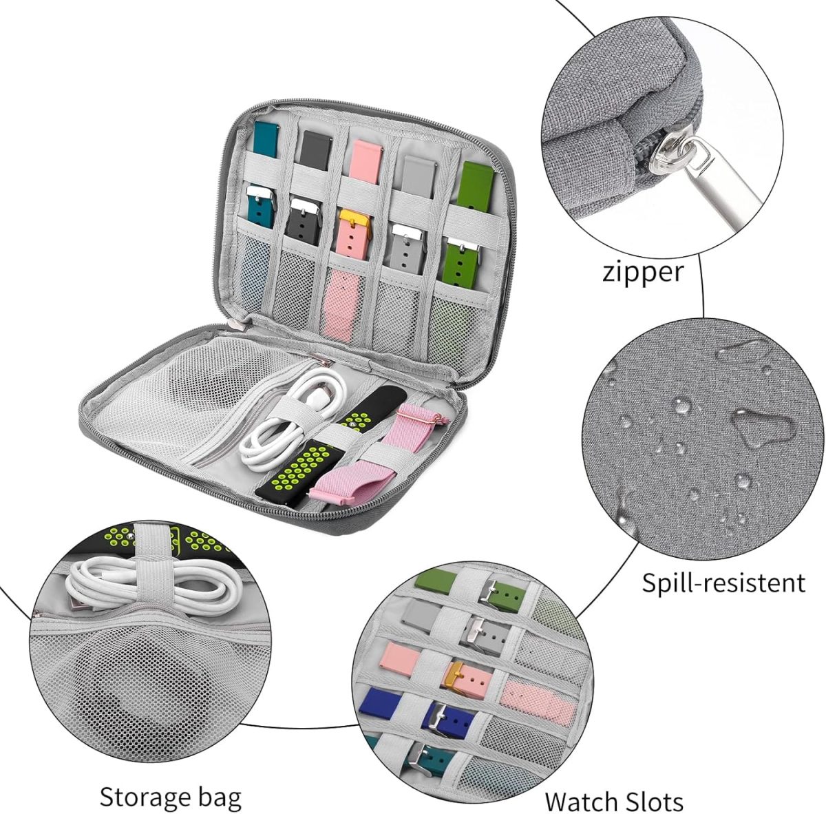 ⁦NALACAL Watch Band Storage Organizer Bag - Waterproof Case for Smart Watch Straps and Accessories, Compatible with All Watch Bands, Portable Carrying Case (Grey)⁩ - الصورة ⁦3⁩