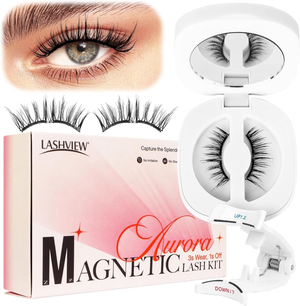 LASHVIEW Magnetic Eyelashes Natural Look, 1 Pair Reusable Magnetic Eyelashes with Applicator, No Glue Needed Magnetic Eyelashes Magnetic Lashes Kit, Easy to Wear and Remove (02)