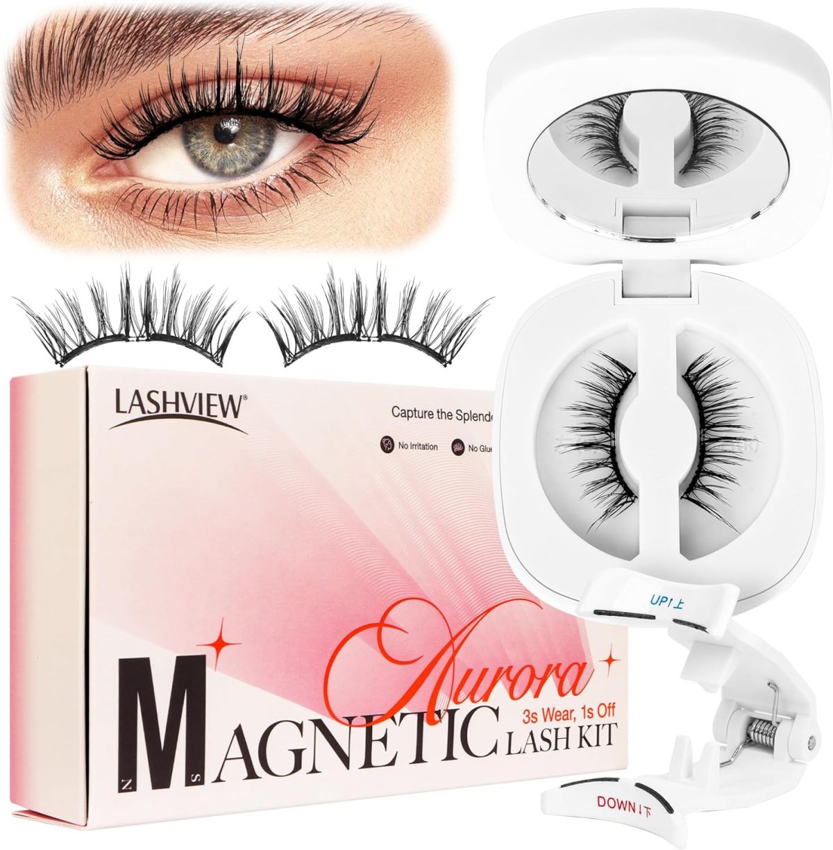 LASHVIEW Magnetic Eyelashes Natural Look, 1 Pair Reusable Magnetic Eyelashes with Applicator, No Glue Needed Magnetic Eyelashes Magnetic Lashes Kit, Easy to Wear and Remove (02)