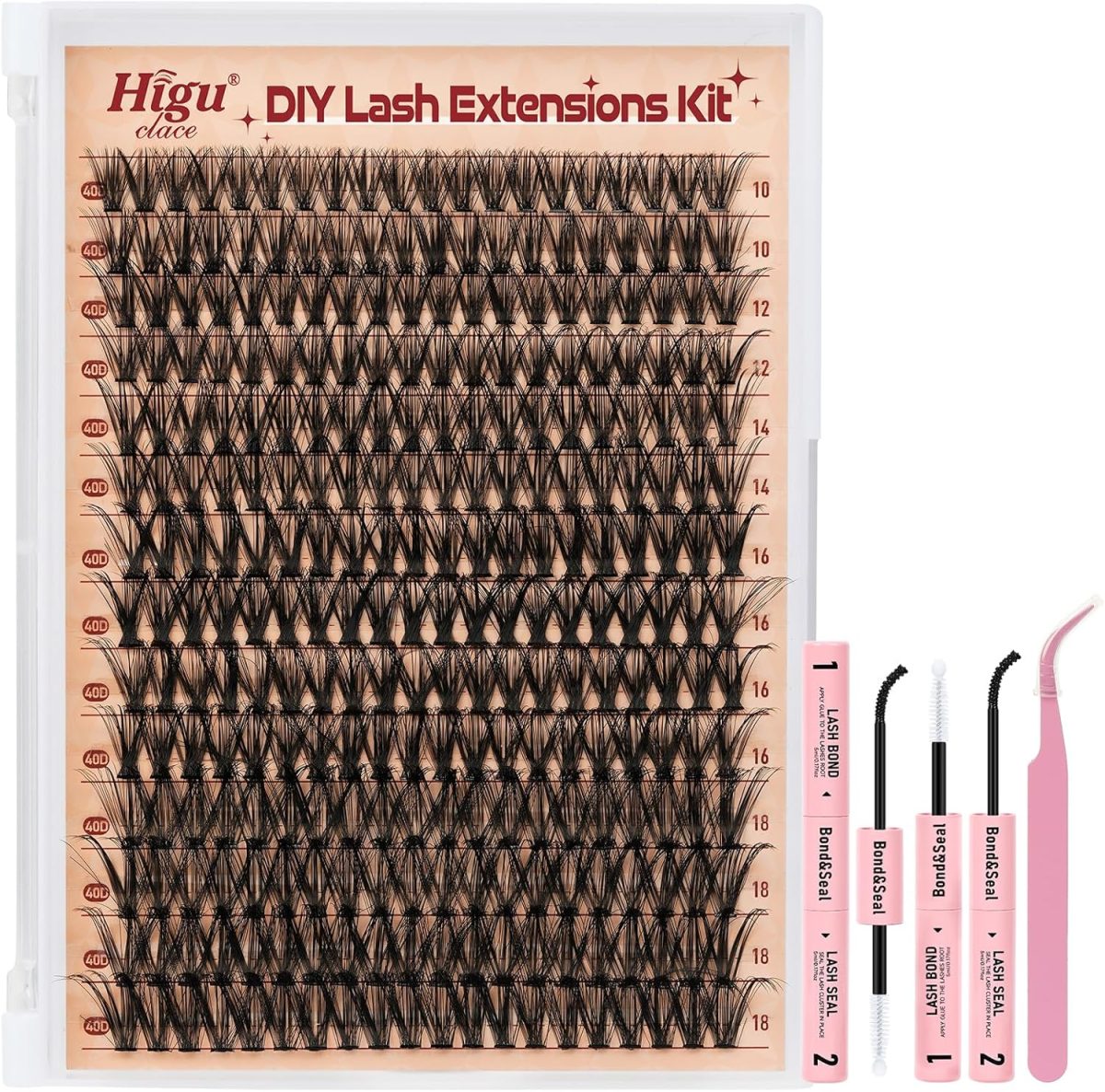 Individual-Eyelashes-Kit 280Pcs, Higu clace DIY Lash Extension Kit Mixed 10-18mm, 40D Natural Eyelashes Cluster Kit with Bond and Seal and Applicator, Lashes Clusters kit Easy to Use at Home (40D-V03)